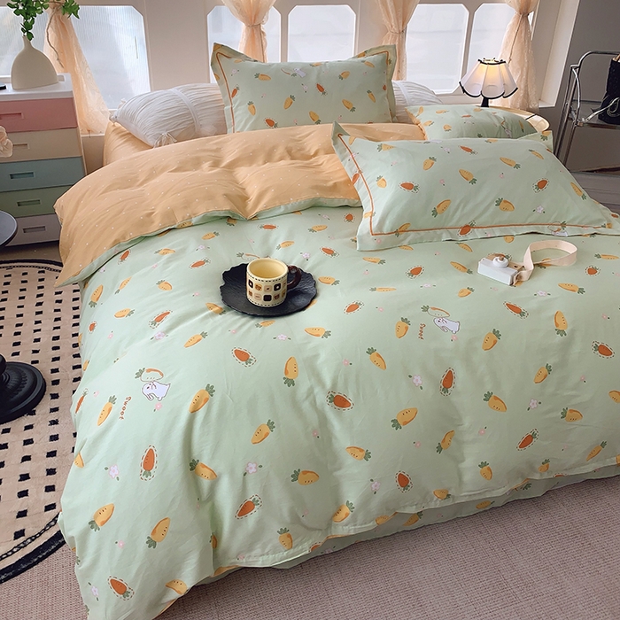 91家纺网 家纺一手货源 找家纺 2025新款亲肤舒适小清新全棉四件套 萝卜蹲绿