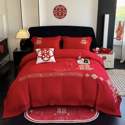 豪美鑫 2025新款婚庆磨毛刺绣四件套 吾家有喜