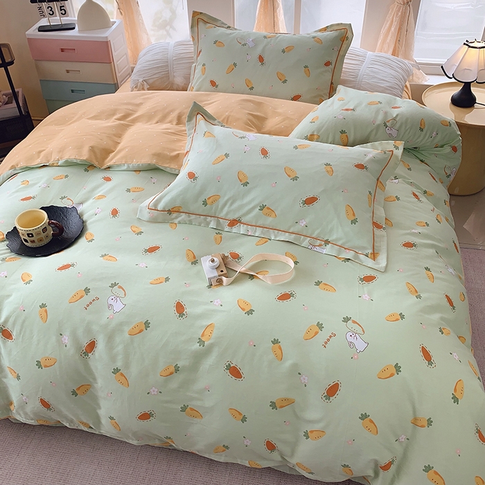 91家纺网 家纺一手货源 找家纺 2025新款亲肤舒适小清新全棉四件套 萝卜蹲绿