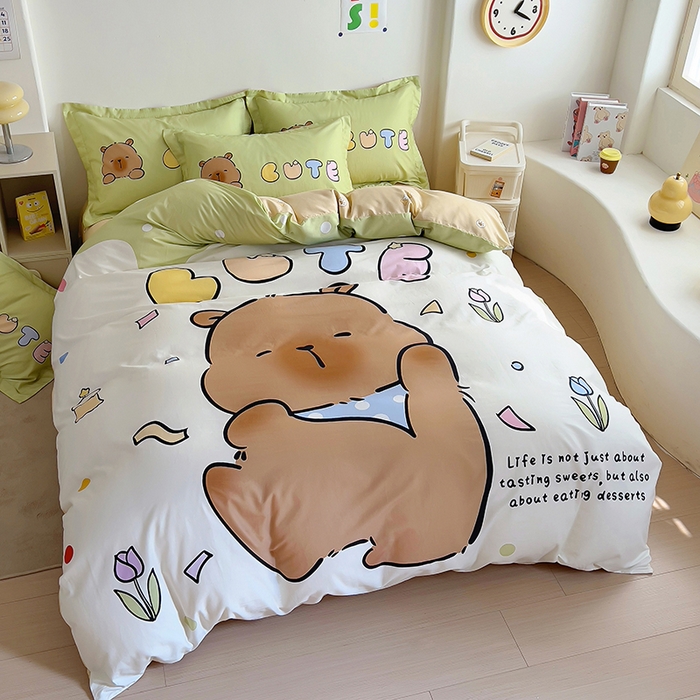 91家纺网 家纺一手货源 找家纺 浩诚 2025新款专版卡皮巴拉纯棉全棉卡通大版四件套-原创水豚卡卡【 提供买家秀 】 水豚巴拉