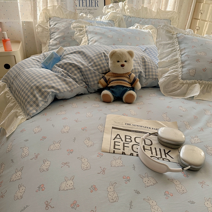 91家纺网 家纺一手货源 找家纺 瑞莱 2025新款全棉韩版花边印花四件套 韩版花仙兔