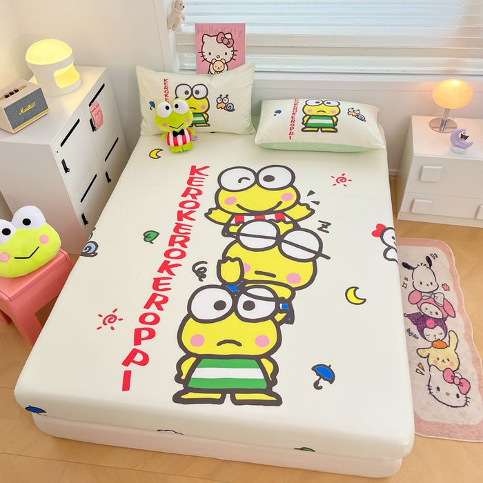 91家纺网 家纺一手货源 找家纺 暮思家居 2025新款正版授权三丽鸥大阪全棉数码印花纯棉单品床笠（第二批） A版-兄弟大眼蛙