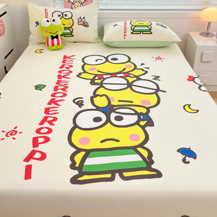 91家纺网 家纺一手货源 找家纺 暮思家居 2025新款正版授权三丽鸥大阪全棉数码印花纯棉单品床笠（第二批） A版-兄弟大眼蛙