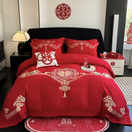 豪美鑫 2025新款婚庆磨毛刺绣四件套 平安喜乐