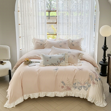 91家纺网 家纺一手货源 找家纺 金喜 2025新款全棉四件套公主风荷叶花边刺绣四件套-蝶恋花香 蝶恋花香-玉色