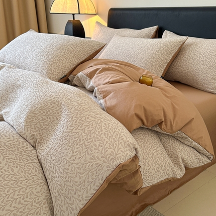 格里芬家纺 2025新款全棉色织水洗三层纱提花纯棉四件套 翠枝玉露-咖