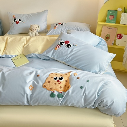 泽西家纺 2025新款A类全棉13376卡通毛巾绣纯棉四件套三件套甜甜家族系列 奶酪公主-蓝