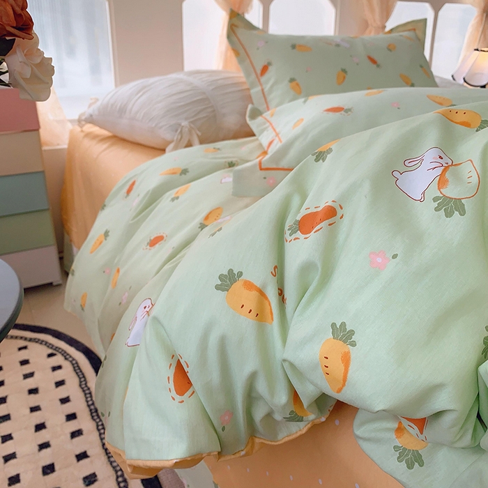 91家纺网 家纺一手货源 找家纺 2025新款亲肤舒适小清新全棉四件套小号标准都有 萝卜蹲绿