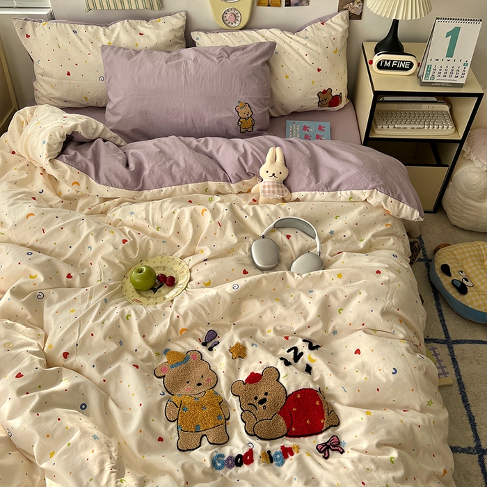 91家纺网 家纺一手货源 找家纺 原素 2025新款萌到心窝窝的毛巾绣四件套 两只小熊