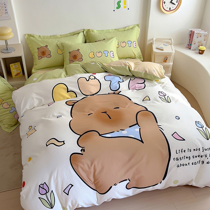 91家纺网 家纺一手货源 找家纺 浩诚 2025新款专版卡皮巴拉纯棉全棉卡通大版四件套-原创水豚卡卡【 提供买家秀 】 水豚巴拉