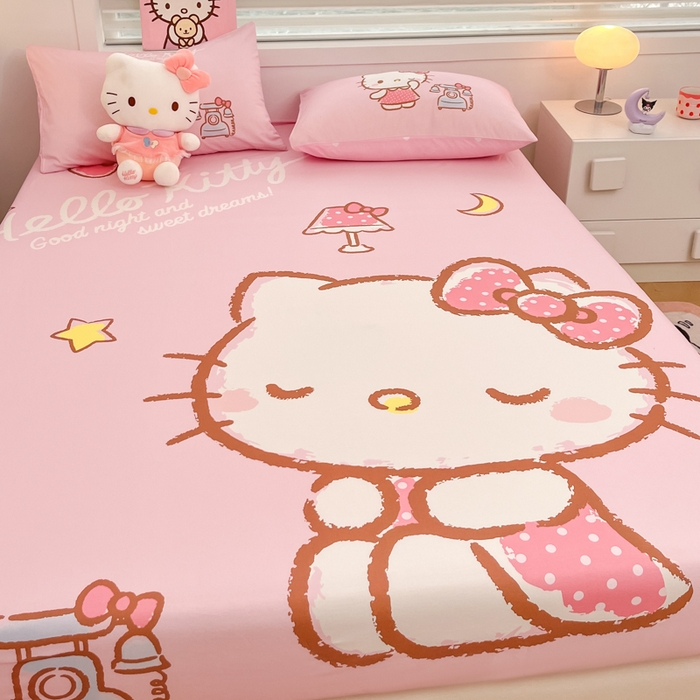 91家纺网 家纺一手货源 找家纺 暮思家居 2025新款正版授权三丽鸥大阪全棉数码印花纯棉单品床笠（第二批） A版-晚安凯蒂