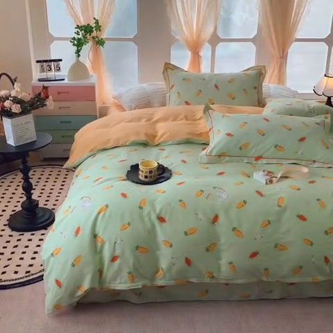 91家纺网 家纺一手货源 找家纺 2025新款亲肤舒适小清新全棉四件套 萝卜蹲绿