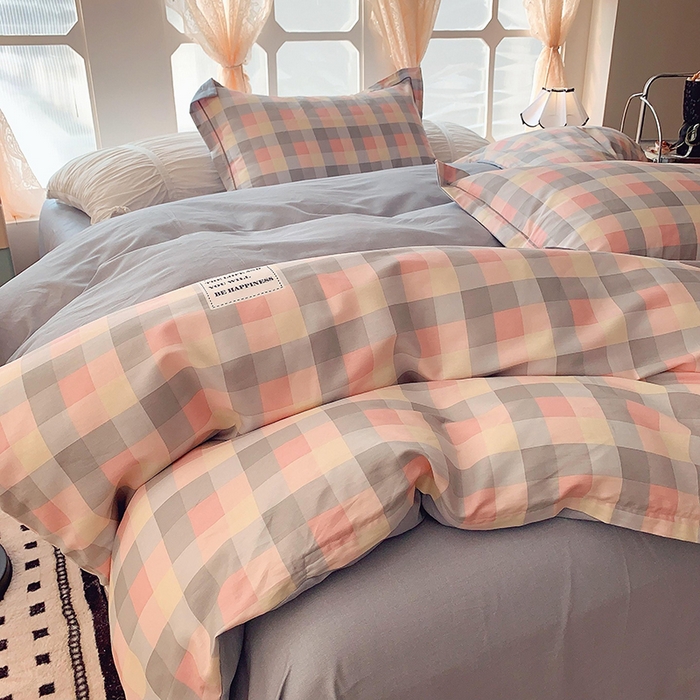 91家纺网 家纺一手货源 找家纺 2025新款亲肤舒适小清新全棉四件套小号标准都有 粉格