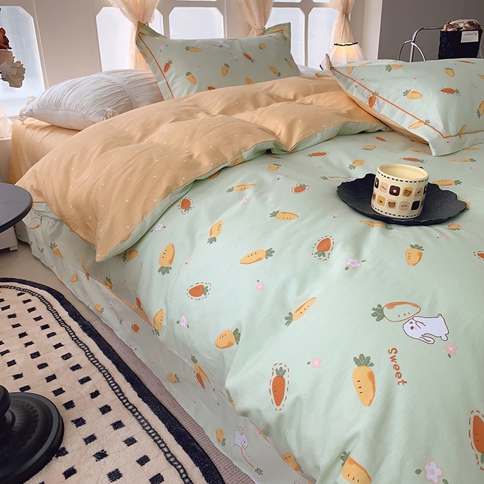 91家纺网 家纺一手货源 找家纺 2025新款亲肤舒适小清新全棉四件套 萝卜蹲绿