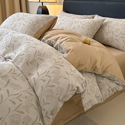 格里芬家纺 2025新款全棉色织水洗三层纱提花纯棉四件套 流风余韵-咖