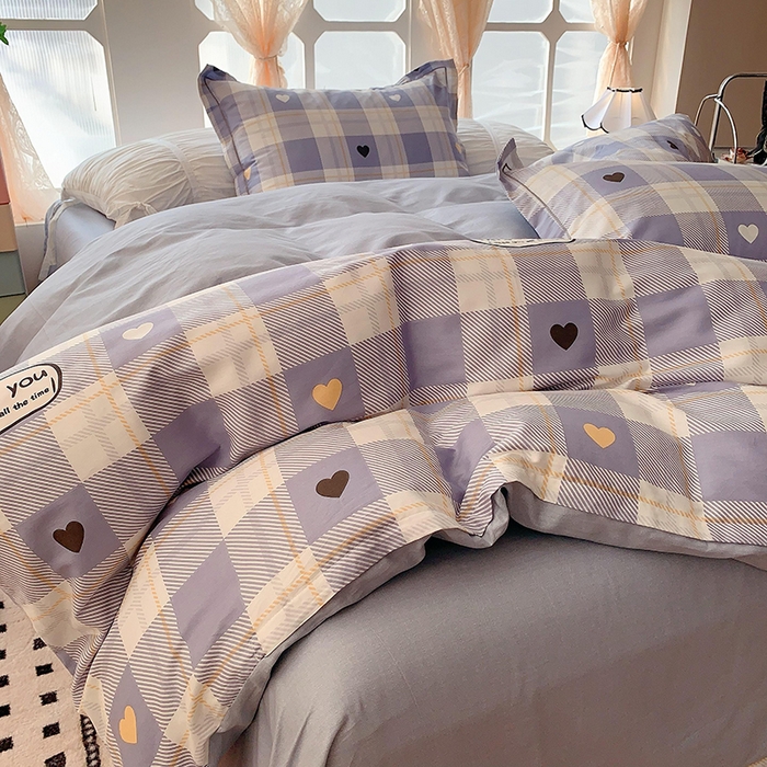 91家纺网 家纺一手货源 找家纺 2025新款亲肤舒适小清新全棉四件套小号标准都有 爱心蓝格