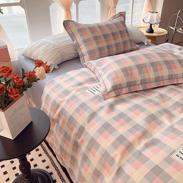 91家纺网 家纺一手货源 找家纺 2025新款亲肤舒适小清新全棉四件套小号标准都有 粉格