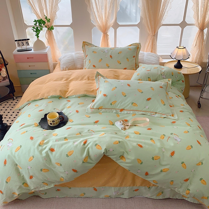 91家纺网 家纺一手货源 找家纺 2025新款亲肤舒适小清新全棉四件套 萝卜蹲绿