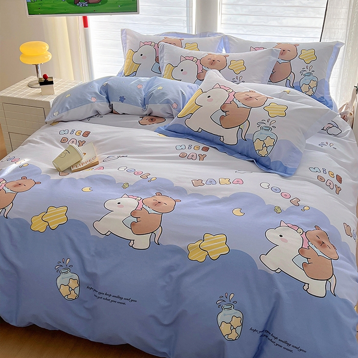 91家纺网 家纺一手货源 找家纺 浩诚 2025新款专版卡皮巴拉纯棉全棉卡通大版四件套-原创水豚卡卡【 提供买家秀 】 旋转巴拉