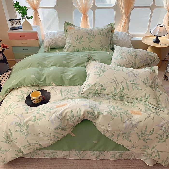 91家纺网 家纺一手货源 找家纺 2025新款亲肤舒适小清新全棉四件套 叶曲