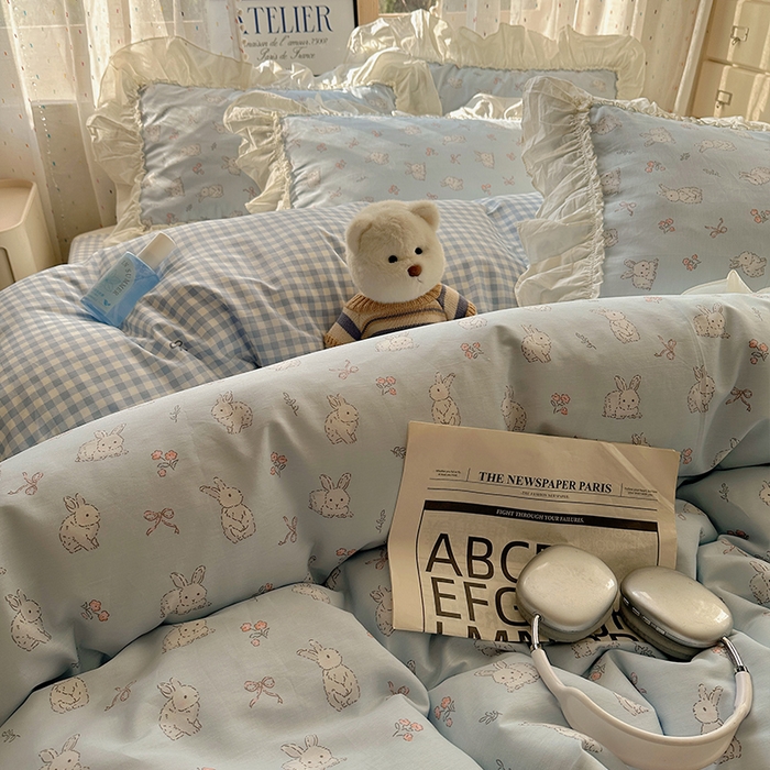 91家纺网 家纺一手货源 找家纺 瑞莱 2025新款全棉韩版花边印花四件套 韩版花仙兔