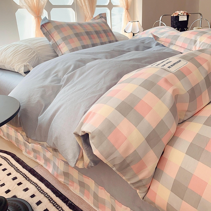 91家纺网 家纺一手货源 找家纺 2025新款亲肤舒适小清新全棉四件套小号标准都有 粉格