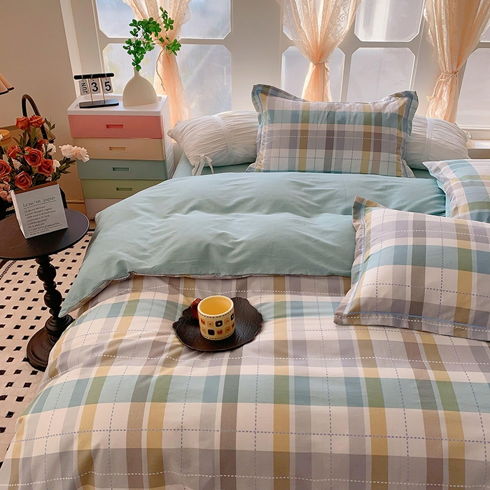 91家纺网 家纺一手货源 找家纺 2025新款亲肤舒适小清新全棉四件套 西格蓝