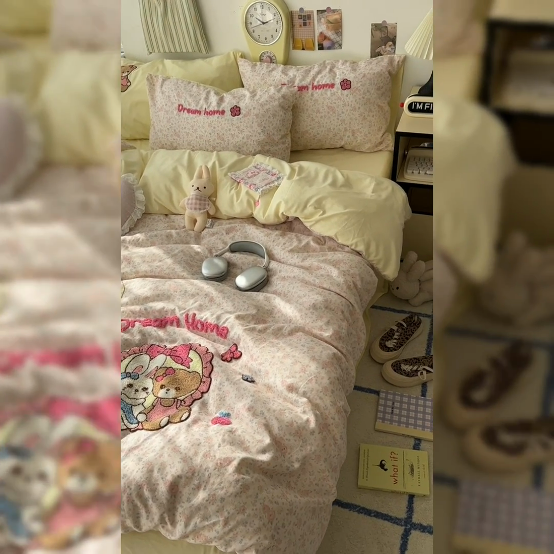 91家纺网 家纺一手货源 找家纺 原素 2025新款萌到心窝窝的毛巾绣四件套 酣睡懒猫