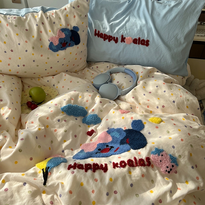 91家纺网 家纺一手货源 找家纺 原素 2025新款萌到心窝窝的毛巾绣四件套 开心考拉