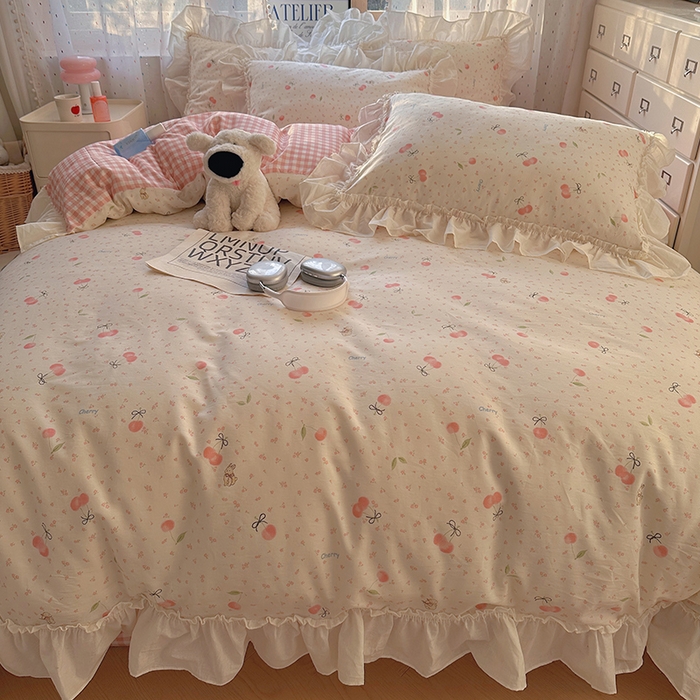 91家纺网 家纺一手货源 找家纺 瑞莱 2025新款全棉韩版花边印花四件套 樱桃甜宠