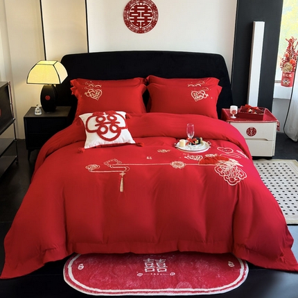 豪美鑫 2025新款婚庆磨毛刺绣四件套 挚爱