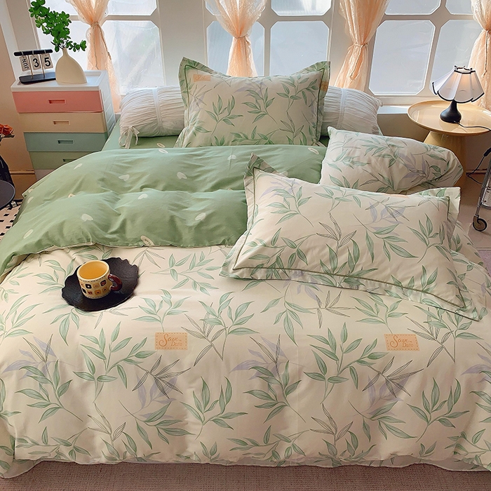 91家纺网 家纺一手货源 找家纺 2025新款亲肤舒适小清新全棉四件套 叶曲