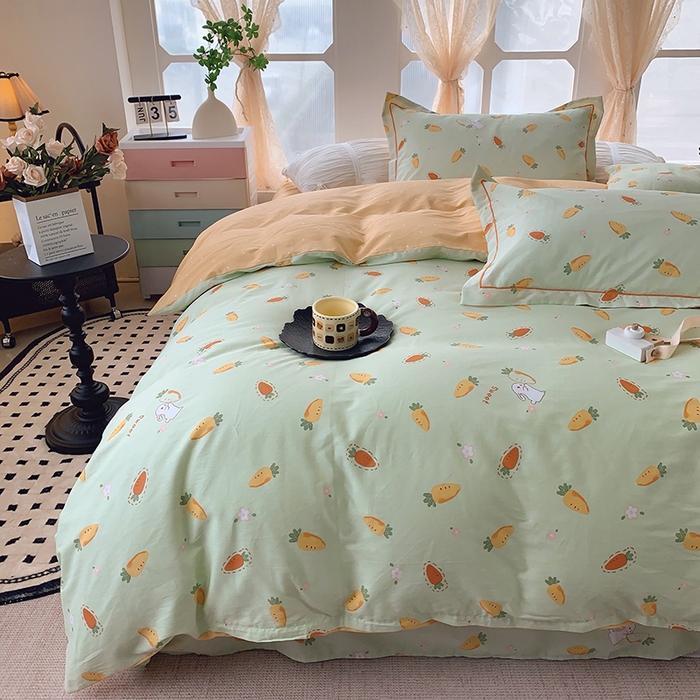 91家纺网 家纺一手货源 找家纺 2025新款亲肤舒适小清新全棉四件套 萝卜蹲绿