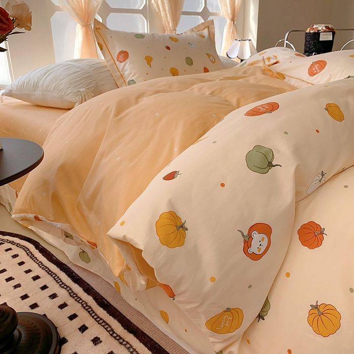 91家纺网 家纺一手货源 找家纺 2025新款亲肤舒适小清新全棉四件套 元气南瓜