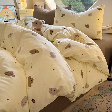 91家纺网 家纺一手货源 找家纺 （总）茉礼 2025新款高克重ins风超柔软软糯糯小清新卡通印花水洗棉四件套