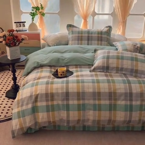 91家纺网 家纺一手货源 找家纺 2025新款亲肤舒适小清新全棉四件套 西格蓝