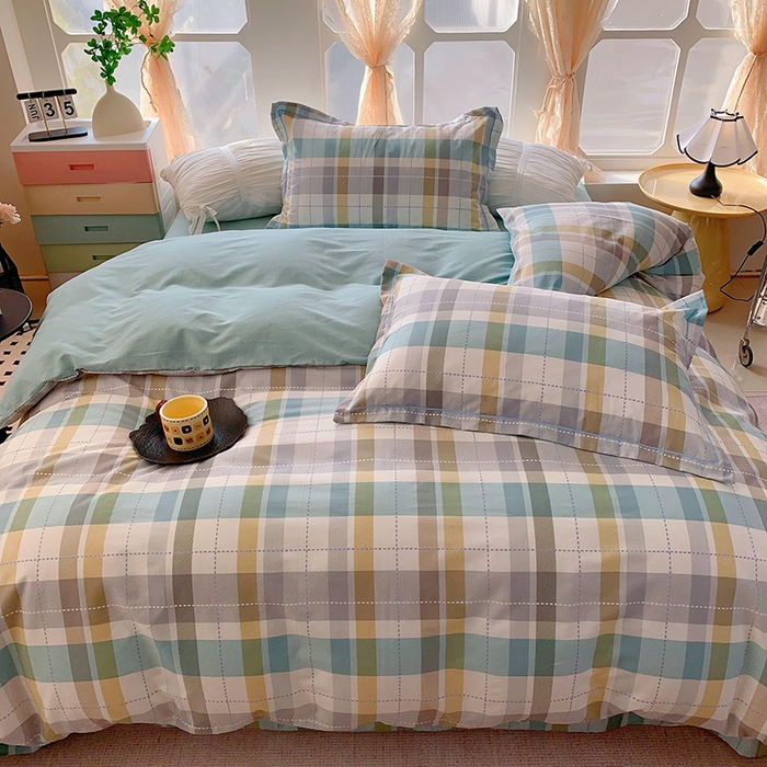 91家纺网 家纺一手货源 找家纺 2025新款亲肤舒适小清新全棉四件套 西格蓝