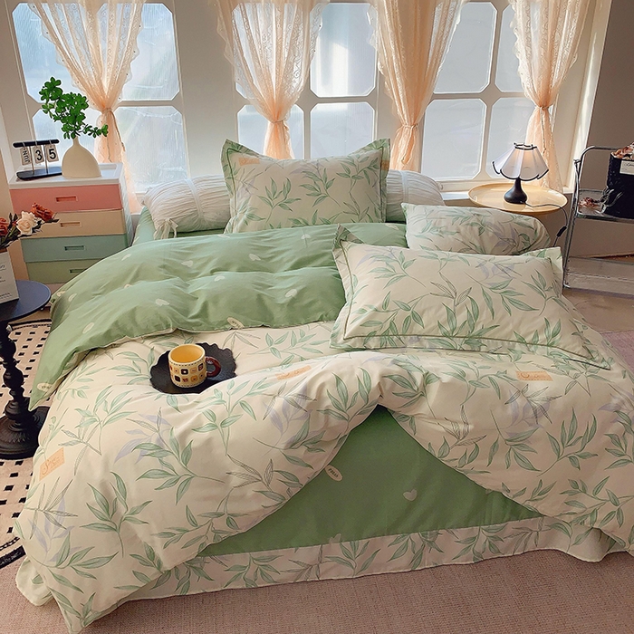 91家纺网 家纺一手货源 找家纺 2025新款亲肤舒适小清新全棉四件套 叶曲