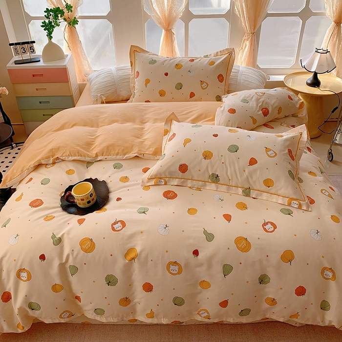 91家纺网 家纺一手货源 找家纺 2025新款亲肤舒适小清新全棉四件套 元气南瓜