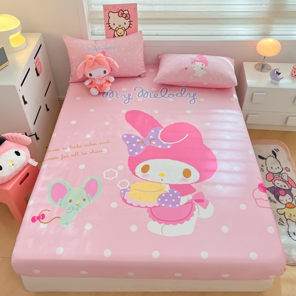 91家纺网 家纺一手货源 找家纺 暮思家居 2025新款正版授权三丽鸥大阪全棉数码印花纯棉单品床笠（第二批） A版-波点美乐蒂