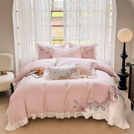 91家纺网 家纺一手货源 找家纺 金喜 2025新款全棉四件套公主风荷叶花边刺绣四件套-蝶恋花香 蝶恋花香-粉色