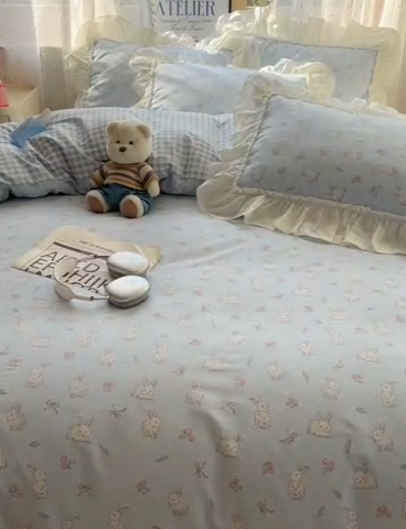 91家纺网 家纺一手货源 找家纺 瑞莱 2025新款全棉韩版花边印花四件套 韩版花仙兔