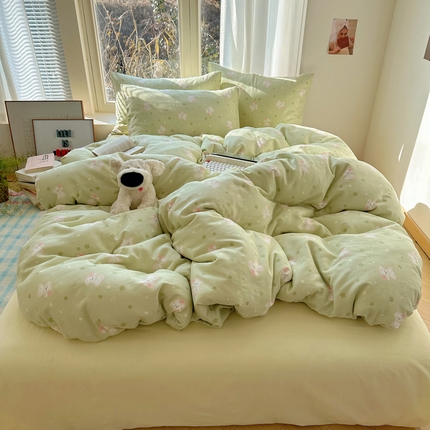 雅居纺家纺 2025新款全棉双层纱四件套 星星狗-绿