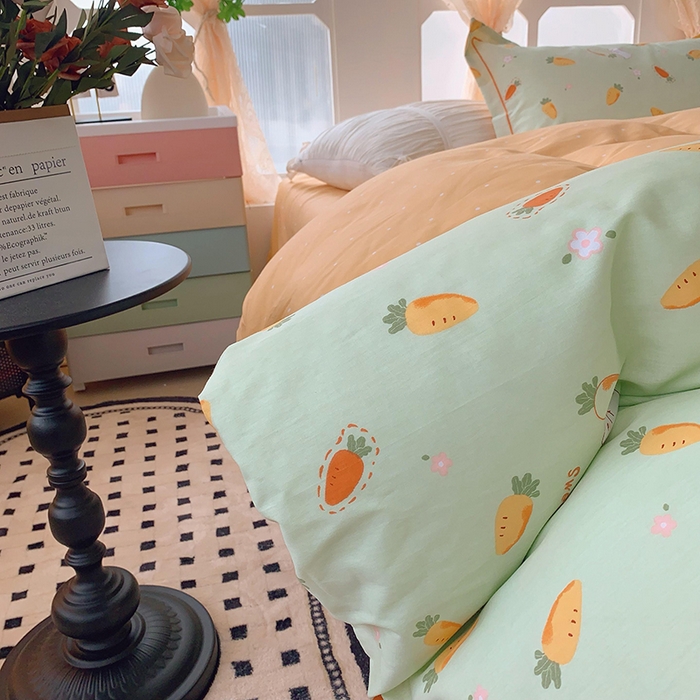 91家纺网 家纺一手货源 找家纺 2025新款亲肤舒适小清新全棉四件套小号标准都有 萝卜蹲绿