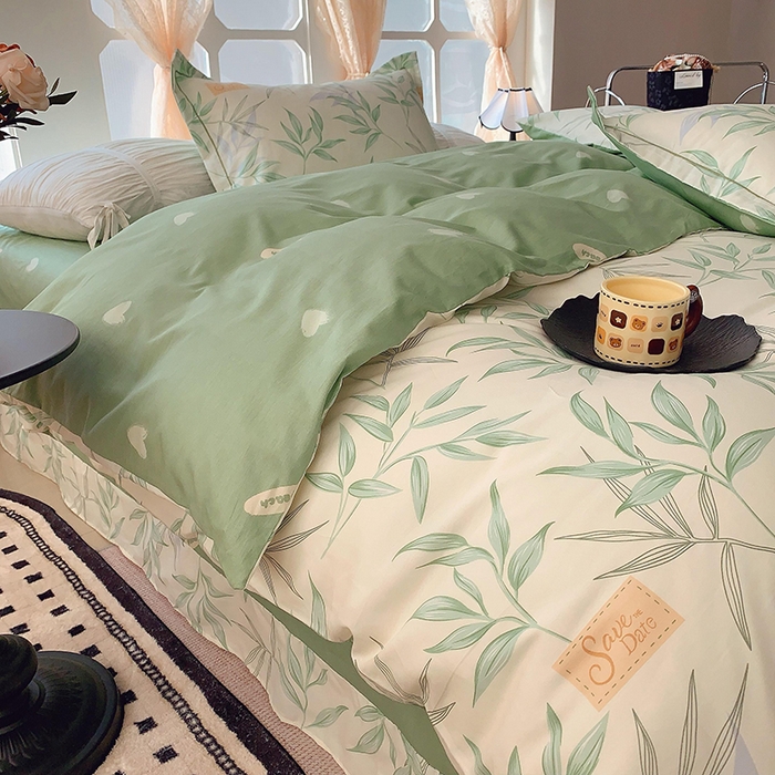 91家纺网 家纺一手货源 找家纺 2025新款亲肤舒适小清新全棉四件套 叶曲