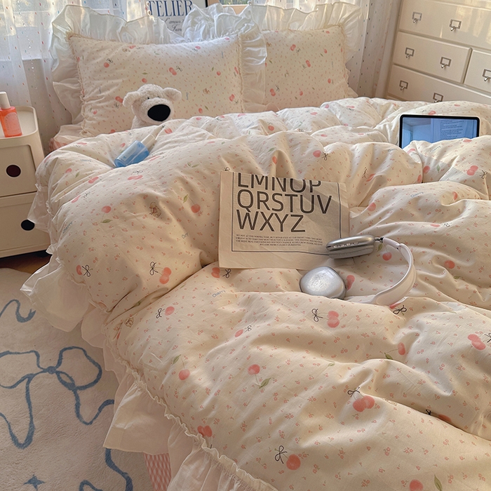 91家纺网 家纺一手货源 找家纺 瑞莱 2025新款全棉韩版花边印花四件套 樱桃甜宠