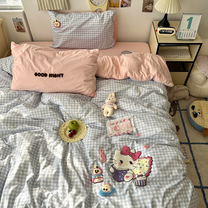 91家纺网 家纺一手货源 找家纺 原素 2025新款萌到心窝窝的毛巾绣四件套 凯特猫咪