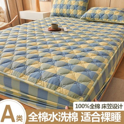 91家纺网 家纺一手货源 找家纺 糯米猪家纺 2025新款全棉色织水洗棉床笠 兰黄大格