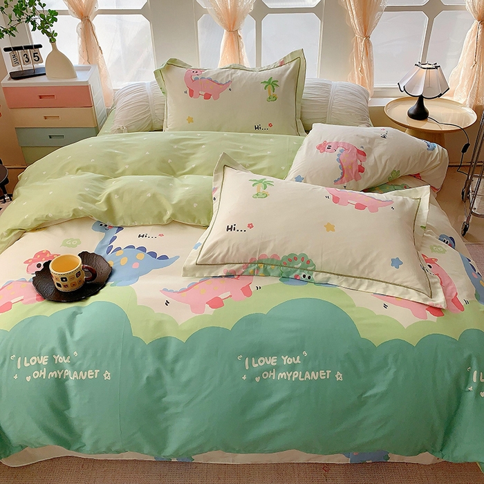 91家纺网 家纺一手货源 找家纺 2025新款亲肤舒适小清新全棉四件套 恐龙乐园