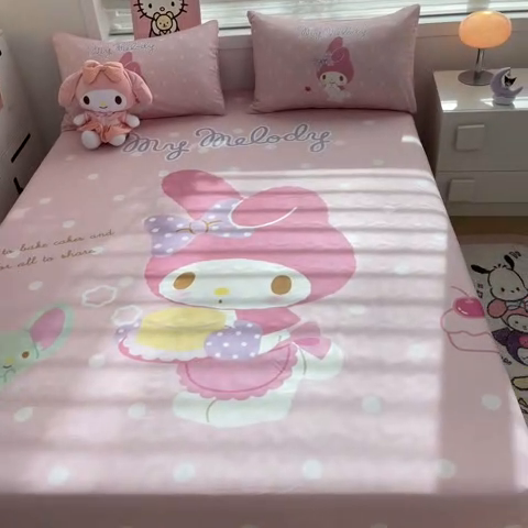 91家纺网 家纺一手货源 找家纺 暮思家居 2025新款正版授权三丽鸥大阪全棉数码印花纯棉单品床笠（第二批） A版-波点美乐蒂